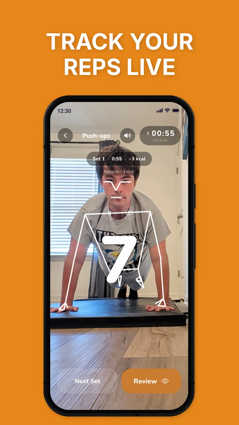 Hughie app screenshot showing live AI rep tracking during a home workout