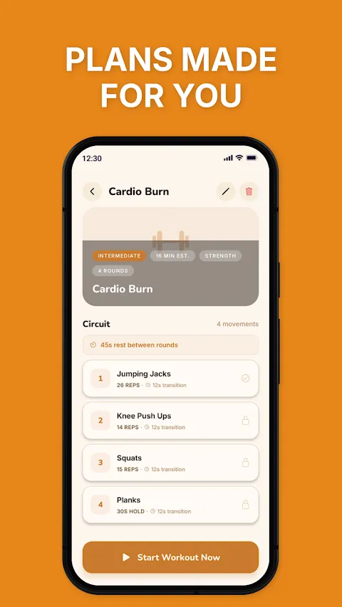 A Cardio Burn circuit program listing jumping jacks, knee push-ups, squats, and planks