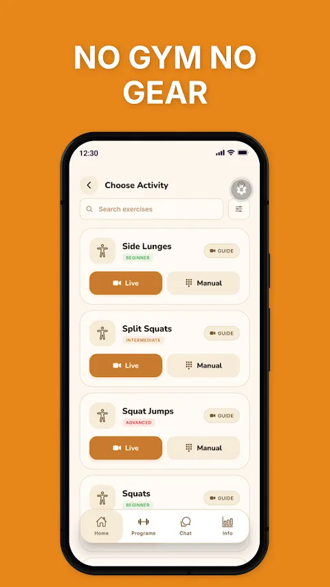 Hughie's exercise library with Live and Manual tracking options for each movement